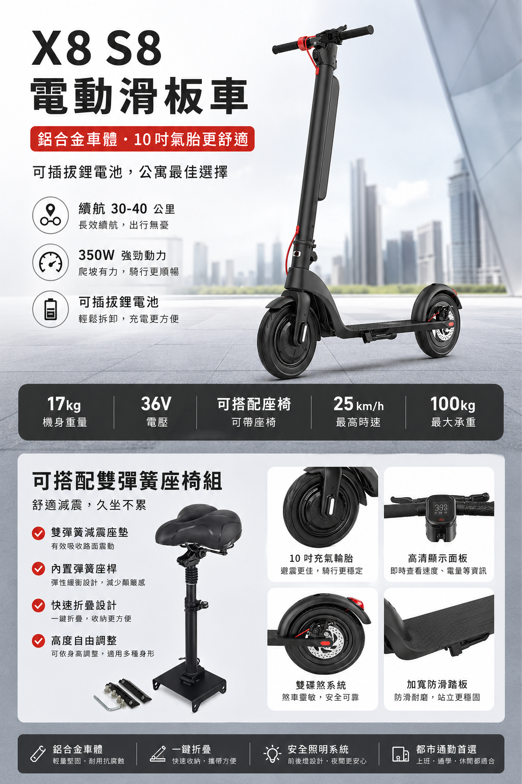 S8 X8 10寸電動滑板車 | 外掛電池 | 集效能輕便一身電動滑板車防滑抗震真空胎 | 時速 25km/h | 續航 30-45 公里 | 警示後尾燈 | 三重煞車 | 充電3-5小時